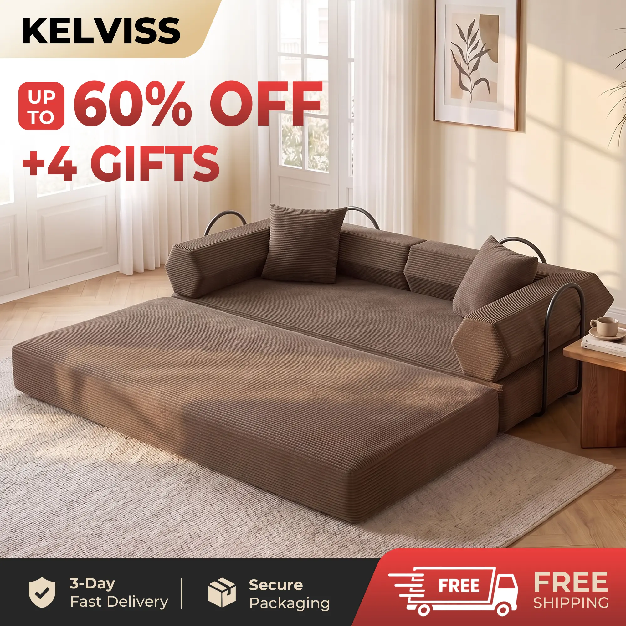KELVISS 5-in-1 Folding Convertible Boneless Couch, 79in Oversized Corduroy Upholstered Loveseat Sleeper with Pull-Out Bed, Modular Floor Futon Plush Chaise Lounge Furniture for Adults’ Living Room Bedroom