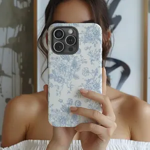 French Toile De Jouy Case, Blue And White Floral Tough Phone Case  For IPhone 15Pro, 14, 13, 12, 11, 8, XR Mini, Pro Max, Plus Girly Phone Case Accessories Protection Flower Case