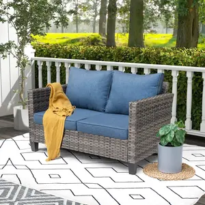 【Summer Vibes】Ovios Patio Loveseat Outdoor 2-Seat & Wicker Sofa All-Weather High Back & PE Rattan Couch with Thick Cushions for Porch Balcony Garden