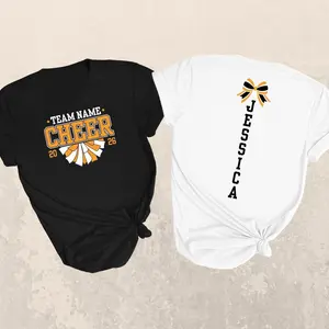 Custom personalized cheer team name shirt with pom pom design, soft cotton cheer mom tshirt for school spirit, varsity athletics fan t-shirt for girls featuring back name and bow, breathable comfort tee for game day competitions