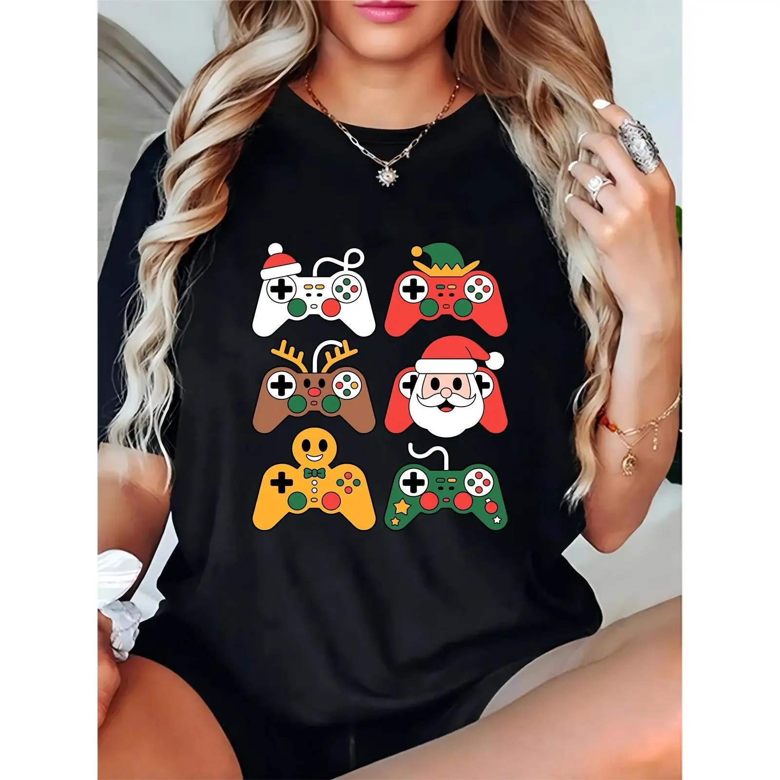 Women's Christmas Gamer T-Shirt, Festive Game Controllers (Santa, Elf, Reindeer, Gingerbread) Graphic Tee, Funny Xmas Gaming Shirt for Ladies, Casual Holiday Party Outfit 100% Cotton T-shirt