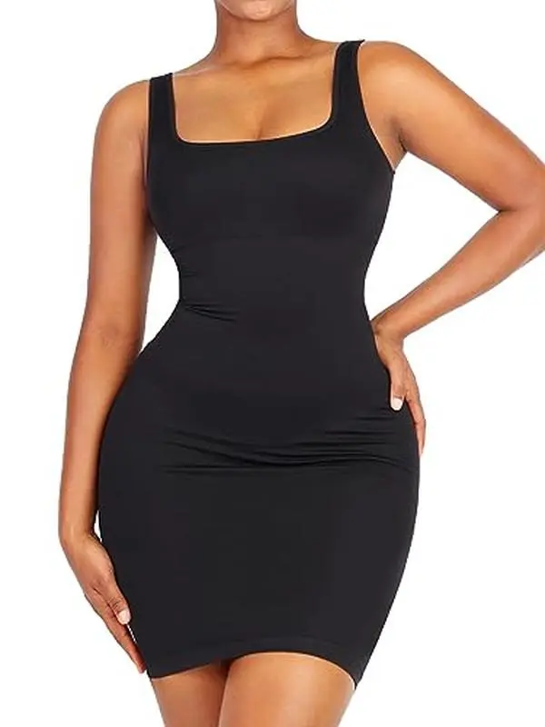 R3D INK Shaper Dress Tummy Control Dress Bodycon Mini Party Dress Seamless Shaper Dress (XS/S, Black) Basic Casual