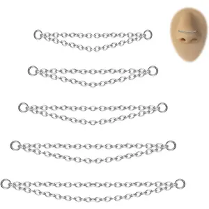 5PCS Nose Chain Surgical Steel Across Top Nose Piercing Jewelry - Double Nostril Bridge Jewelry for Women & Men, Black, Gold, Silver