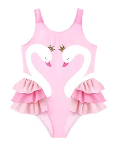 Girl Ruffle One Piece Swimsuit Swans And Flamingo-Print Toddler Multi-layered Pleats Summer Beach Wear Cute Swimwear Bathing Suit