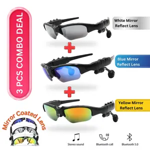 3 Bluetooth Sport Smart Sunglasses: Blue, Yellow & White Lens – Hands-Free Calling, Adjustable Foldable Wearable Design, Chargeable Intelligent Wireless Glasses