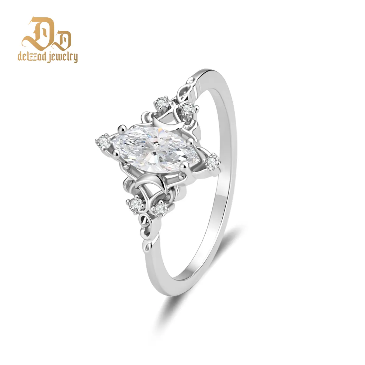Delzzad 14K Gold-Plated 0.5ct Lune Fleur Ring Vintage Marquise Engagement Ring Band VVS Synthetic Moissanite Ring Jewelry Copper Band Perfect Birthday Engagement Wedding Anniversary Christmas Valentine's Day Mother's Day Gift