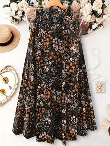 Plus Size Women's Floral Print High Waist A-Line Dress, Elastic Waistband, Long Skirt, Casual Fashion, Comfortable and Stylish, Bohemian