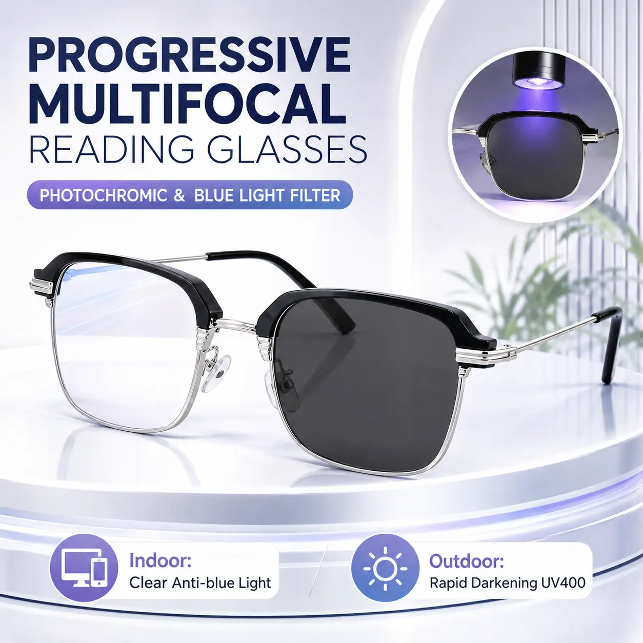 Photochromic Progressive Reading Glasses with Blue Light Blocking - Lightweight Semi-Rimless Unisex Eyewear, UV400 Sun Protection, Clear Vision for Near and Far, Classic Frame Design