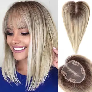 Starluck Hand made  Sandy Blond Toppers Human hair  Extension  for Women with Bangs , 100% Remy Human Hair Toppers for Women Thinning Hair,Cover Gray Hair Roots,Adds Hair Volume