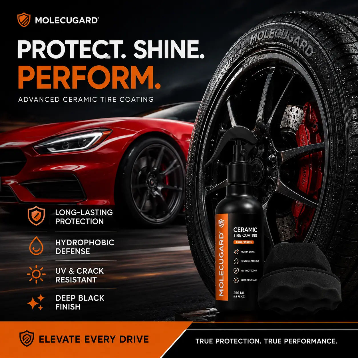 Buy 1 Coating Get 1 Applicator Free I MolecuGard CeramicTire Coating Spray, Tire Shine & Dressing, No Sling, DeepBlack Wet Look Gloss Finish, Water & Dirt Repellent, UVProtection, Long Lasting Tire Restorer for Cars, SUVs &Trucks, 250ml