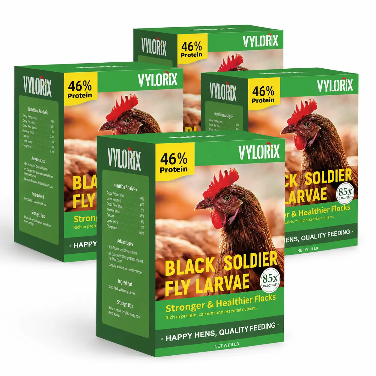 Vylorix Natural Gluten-Free Dried Black Soldier Fly Larvae Chicken Treats, 5LBS*4PCS, 46% Protein 6% Calcium BSFL Grubs, Supports Eggshell Quality, Bone Maintenance, Feather Health, for Chickens, Geese (Birds, Duck, Goose Included)