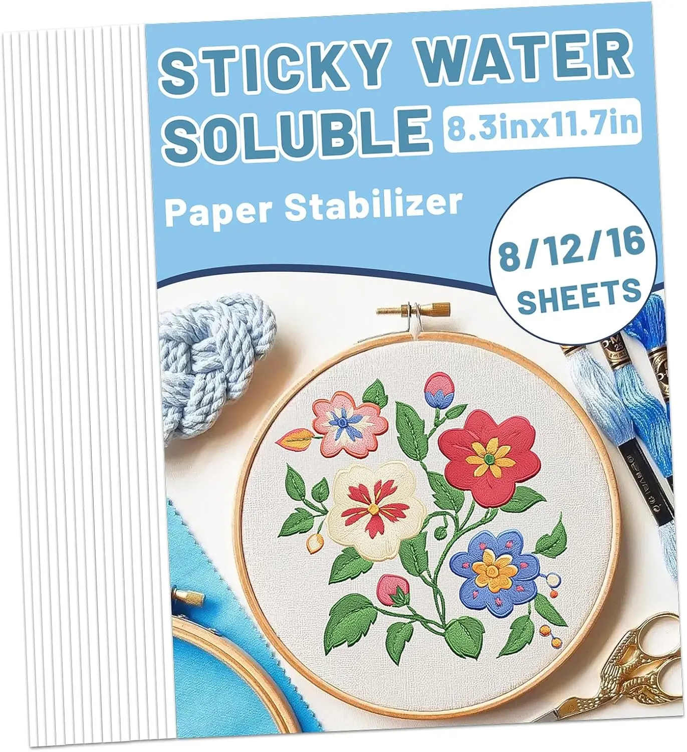 Sticky Water Soluble Embroidery Stabilizer 16 count 8.3" x 11.7" Printable Wash  Paper Stabilizer Allowed for Print or Draw Patterns Embroidery Transfer Paper for Hand & Machine Embroidery