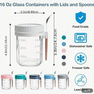 16oz Glass Overnight Oats Jars – Set with Lids & Spoons – $60.87