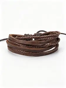 Unisex Handmade Braided Leather Bracelet, Black & Brown Multi-Layer Wrap Cuff, Adjustable Boho Wristband, Stackable Bracelets, Boho Style Bracelet