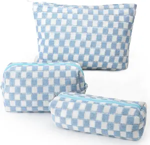Makeup Bag 3 count Large Capacity Checkered  Bags Travel Toiletry Bag Organizer Cute Makeup Pouch Storage for Women(Blue)