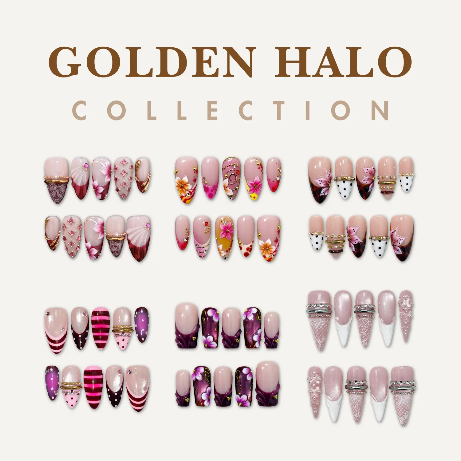 NailPhoria GOLDEN HALO COLLECTION - SUMMER Handmade Press-On Nails | Reusable, Salon-Quality, Long-Lasting, Glossy Design