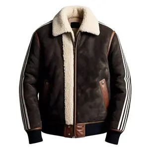 Men’s Brown Shearling-Lined Aviator Jacket with Stripe Detailing