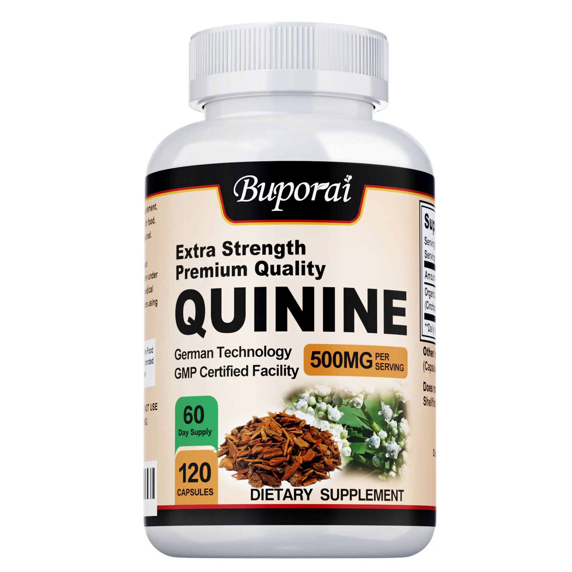 Organic Quinine Dietary Supplement Capsules, 120 Count per Bottle, 500 mg per Serving, Leg Health Support for Men and Women