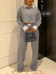 2026 New European And American Striped Long Sleeve Shirt And Casual Loose Waist Long Pants Set for Women