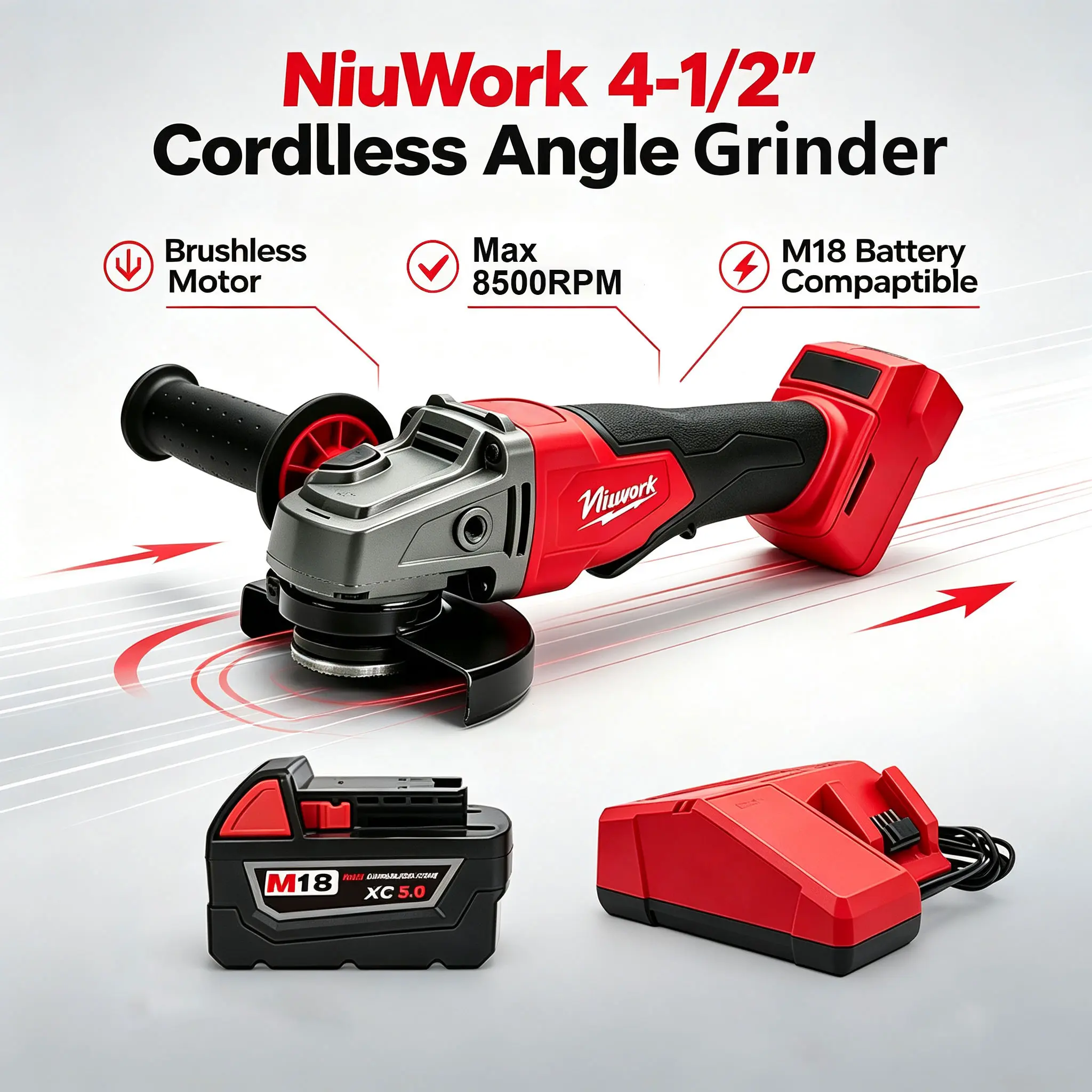 NiuWork Brushless Lithium-Ion 4-1/2" Cordless Angle Grinder - M18 Battery Compatible, Rust-Resistant, Heavy-Duty for Metal Cutting, Auto Repair, Construction Projects