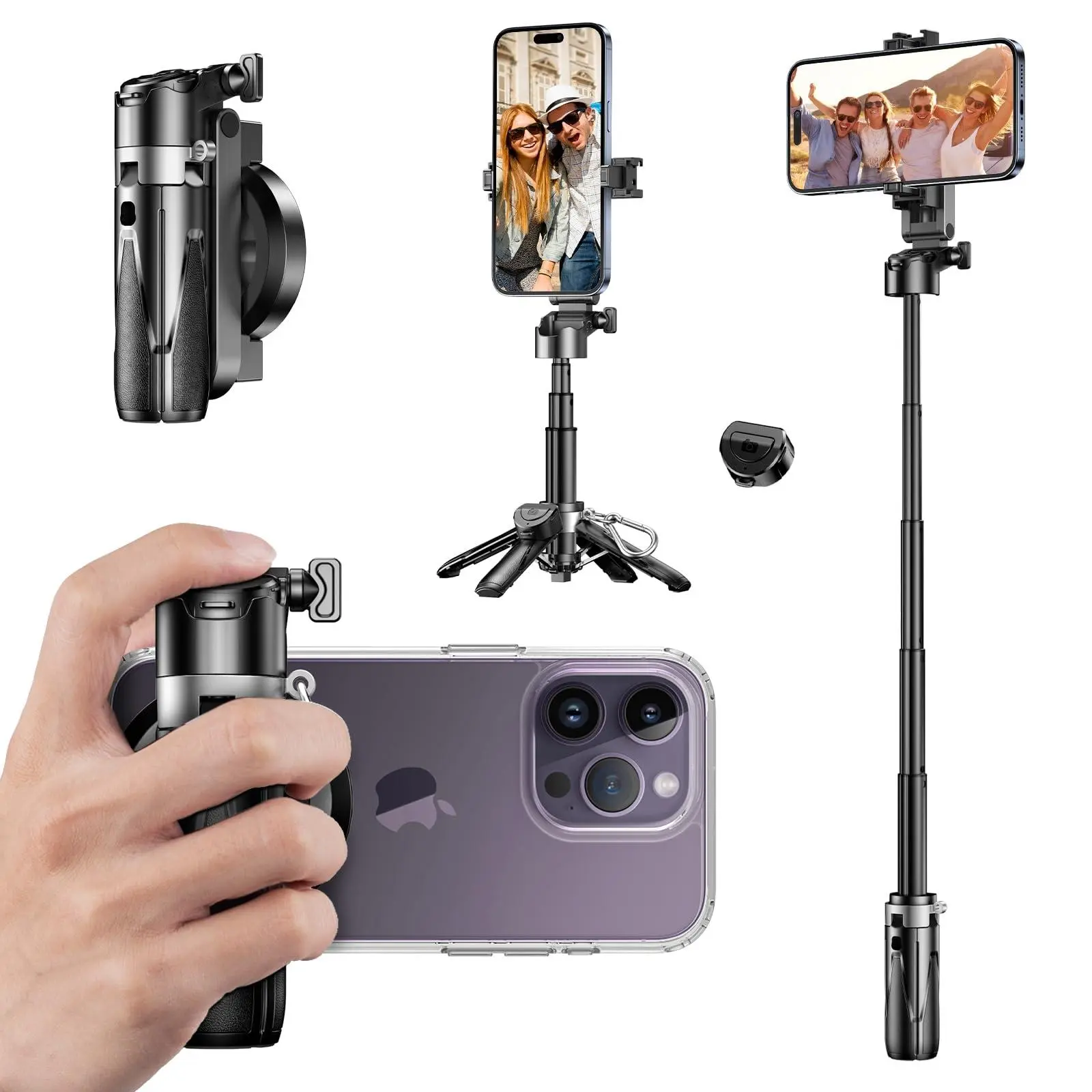 Bonkyo P15 Mini-C 4-in-1 Magnetic Selfie Stick Tripod with Wireless Remote Extendable Foldable Phone Stand Holder for iPhone Android Portable Travel Tripod for Vlogging Live Streaming Group Photos - Bluetooth