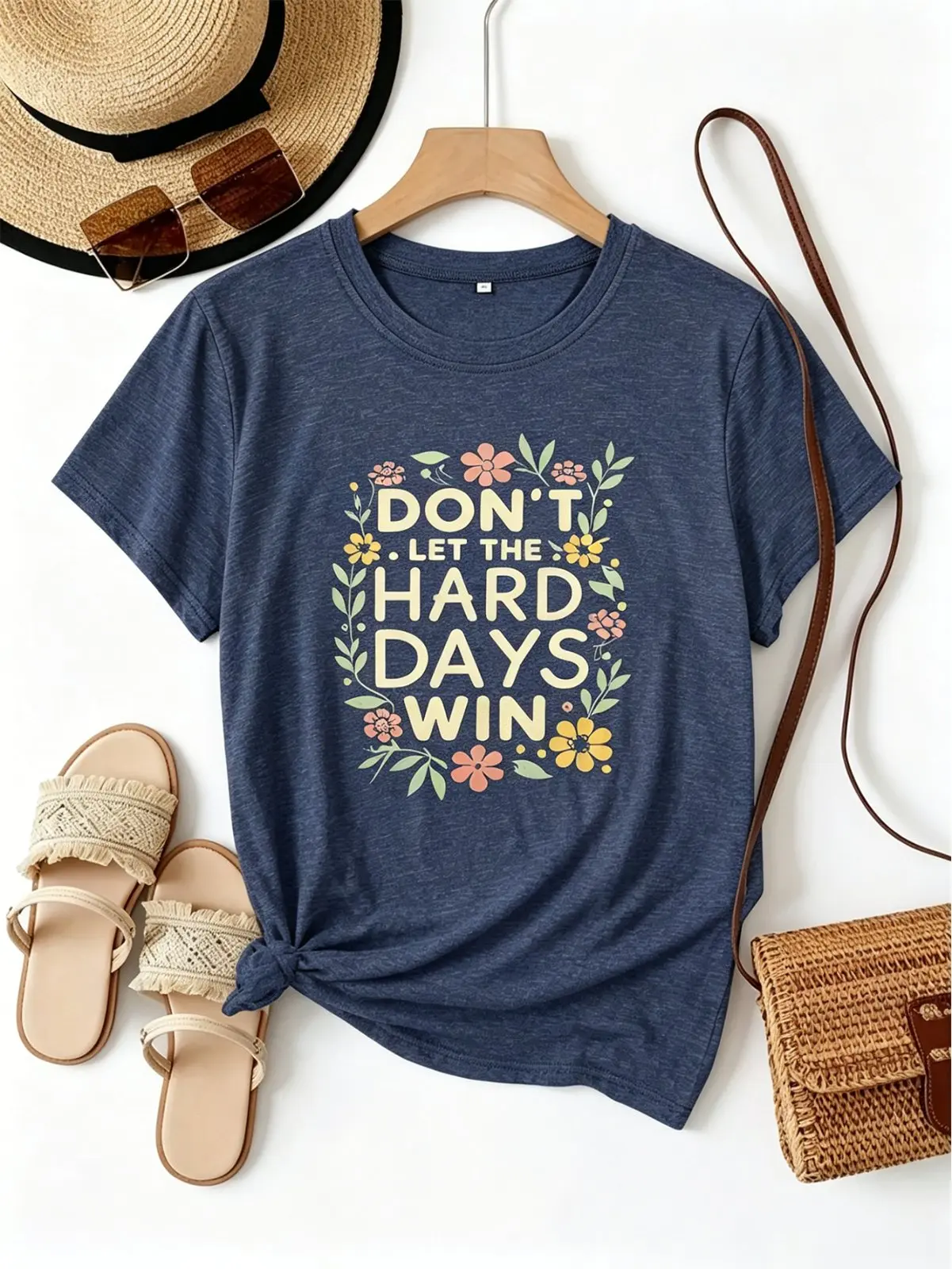 Women's Floral Letter T-Shirt, Graphic Tee Casual Round Neck Short Sleeve Trendy Shirt Perfect For Daily Wear Cotton Womenswear  Lightweight Funny Tees