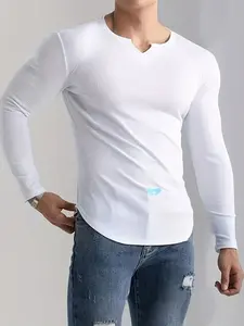 fall outfits, men's texture long-sleeved T-shirt, small V-neck ribbed pit stripe design, comfortable, Soft, skin-friendly and breathable, a fashionable inner and outer wear item for spring, autumn and winter, Black Friday promotion, Tops, Menswear