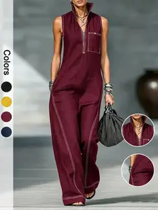 Women's Stand Collar Sleeveless Loose Fit Romper Outfit, Summer Colorblock One-Piece, Casual Comfortable Clothing, Versatile, Trending Now, Chic, Soft Touch, Modern, Getaway Style, Club Wear, Travel Outfit