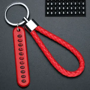 Trending Red PU Leather Lanyard Anti Loss Phone Number Keychain with Numbers for Secure Keyring Waterproof Braided Strap