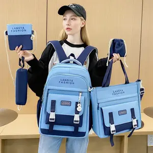 4Pcs Blue School Backpack Set for Teens, Aesthetic Student Bookbag with Tote Bag, Pencil Case & Accessories, Lightweight Daypack for Girls
