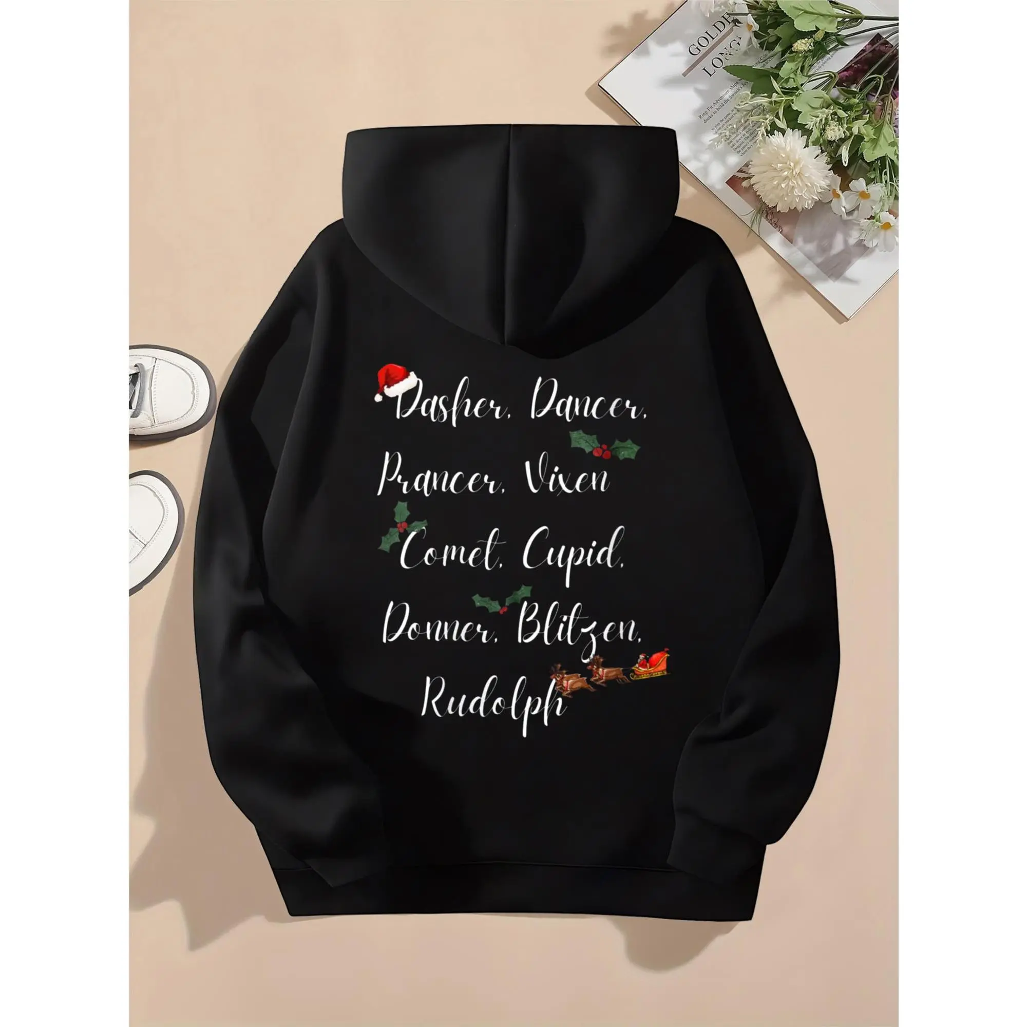 Women's Christmas Rudolph Dasher Dancer Prancer Vixen Comet Santa's Reindeer Hooded Long Sleeve Hoodie with Festive Print