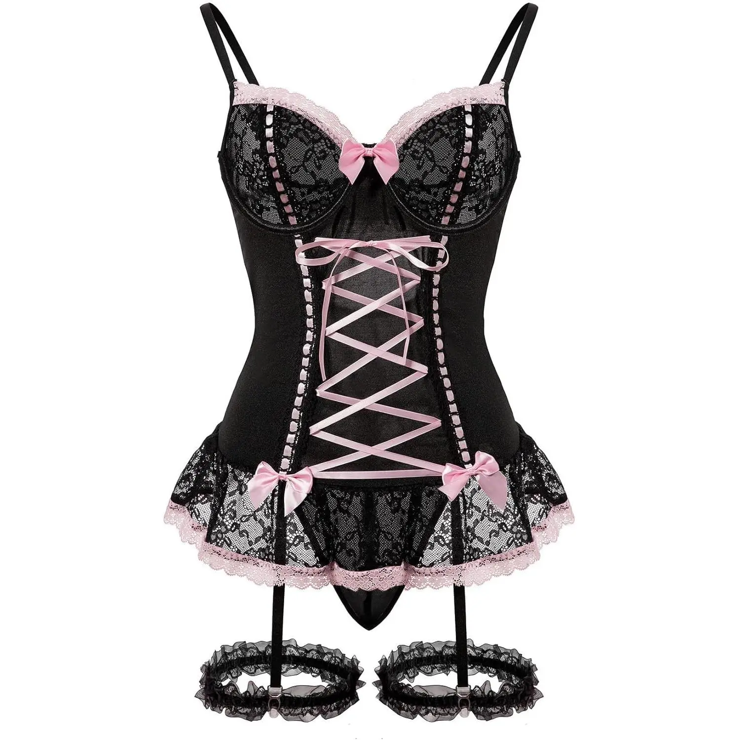 Sexy Rave Mesh Corset Ruffle Lace Up Underwire Sheer Garter Belt Babydoll  Lingerie Set With Thong 3 Piece Women - TikTok Shop