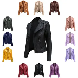 2025 Women's Faux Leather Textured Short Moto Jacket Zip-up Slim PU Biker Coat Pilot jacket with pocket