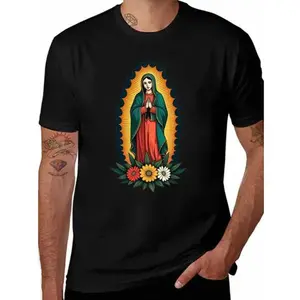 100% Cotton ShortYD.S Print Cotton T-Shirt Men's Plus Size Black Religious T-Shirt - Our Lady of Guadalupe Prayer Shirt with Virgin Mary Portrait, Heavy devotion design for Catholic Faith Apparel - Machine Washable Casual Tee, Spiritual Clothing, Festive