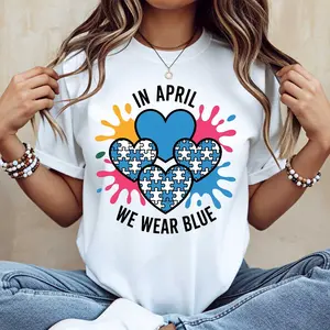 In April We Wear Blue Autism Awareness Heart Puzzle Print T Shirt White Crew Neck Casual Tee For Women And Men Autism Awareness Month