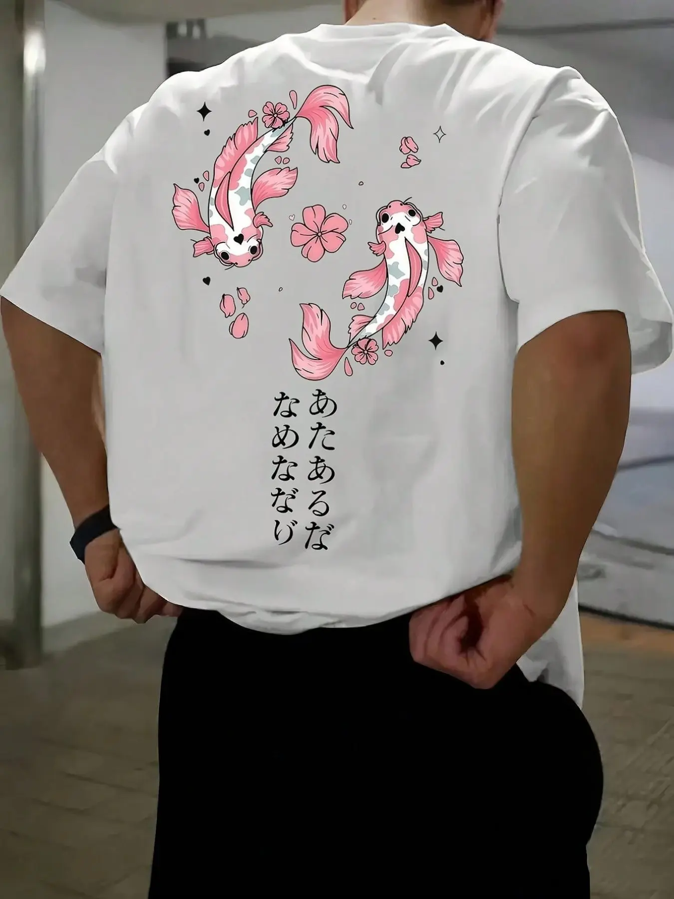 Unisex Sakura Koi Back Print Short Sleeve T-Shirt, Japanese Style Streetwear Casual Loose Fit Top, Summer Couple Fashion Matching Clothing