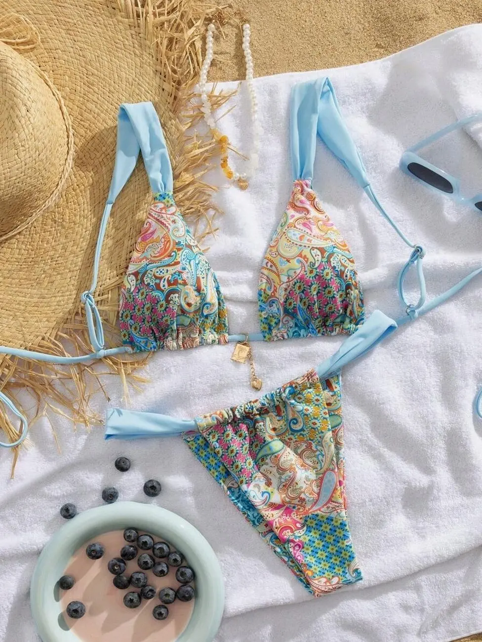 PEPPERMOLLY Women's 2PCS Paisley Print Bikini Set | Soft Cup Triangle Swim Top & Adjustable Strap Bikini Bottom | Boho Summer Beach Swimsuit