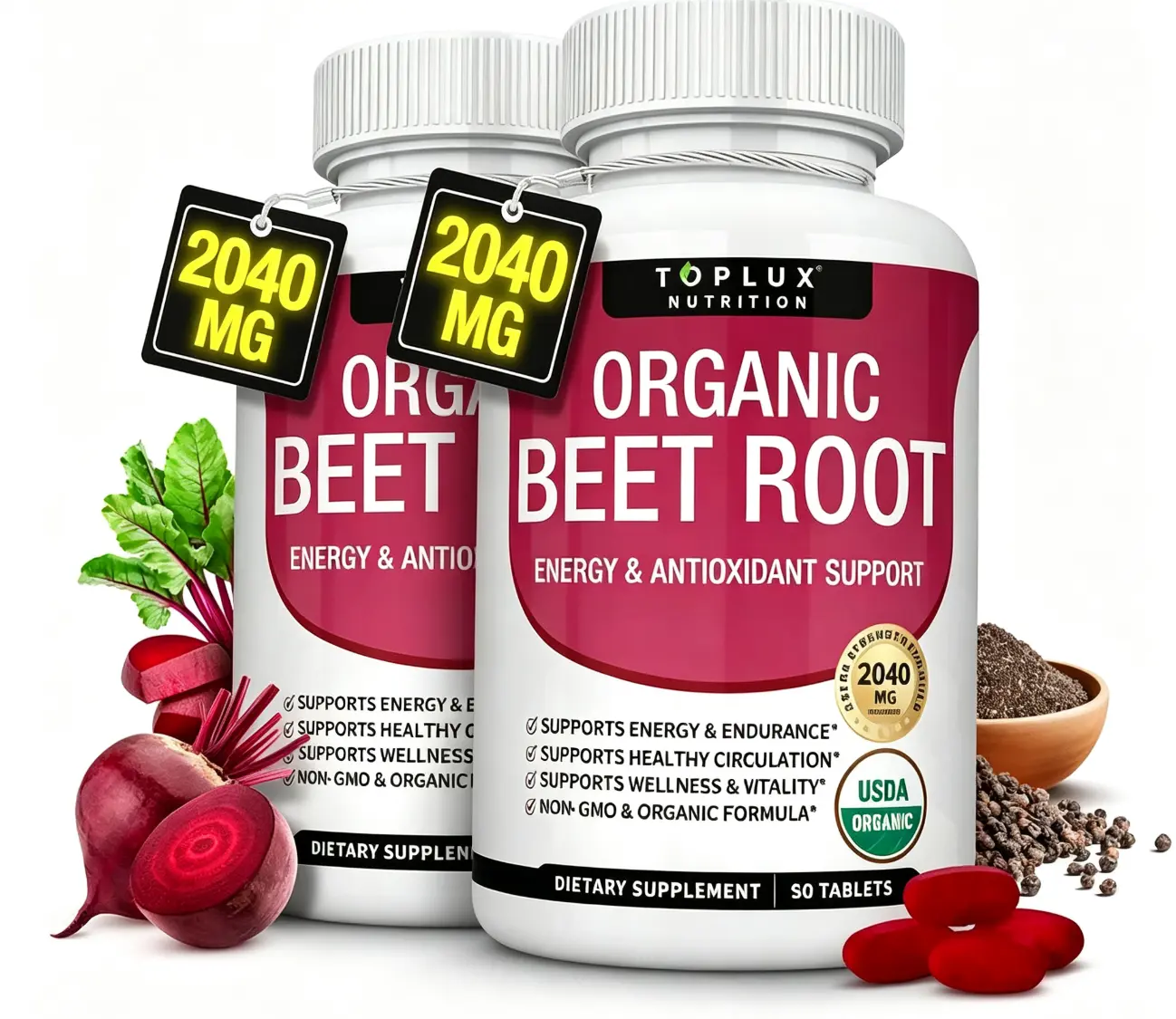 Flash Sale 2 Bottles Toplux Organic Beet Root Tablets, High Strength 2040mg Supplement, Natural Beetroot Extract Pills Dietary Vitamin Fitness Edible -90 Tablets