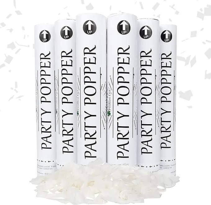 Clover Products Large Wedding Confetti Cannon - (6 Pack) White Biodegradable Paper Confetti Popper | Launches 20-25 Feet | Party Poppers for Wedding