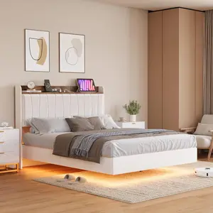 Full Size Floating Bed Frame with LED Lights and Charging Station Upholstered Platform Bed No Box Spring Needed Noise Free Beige