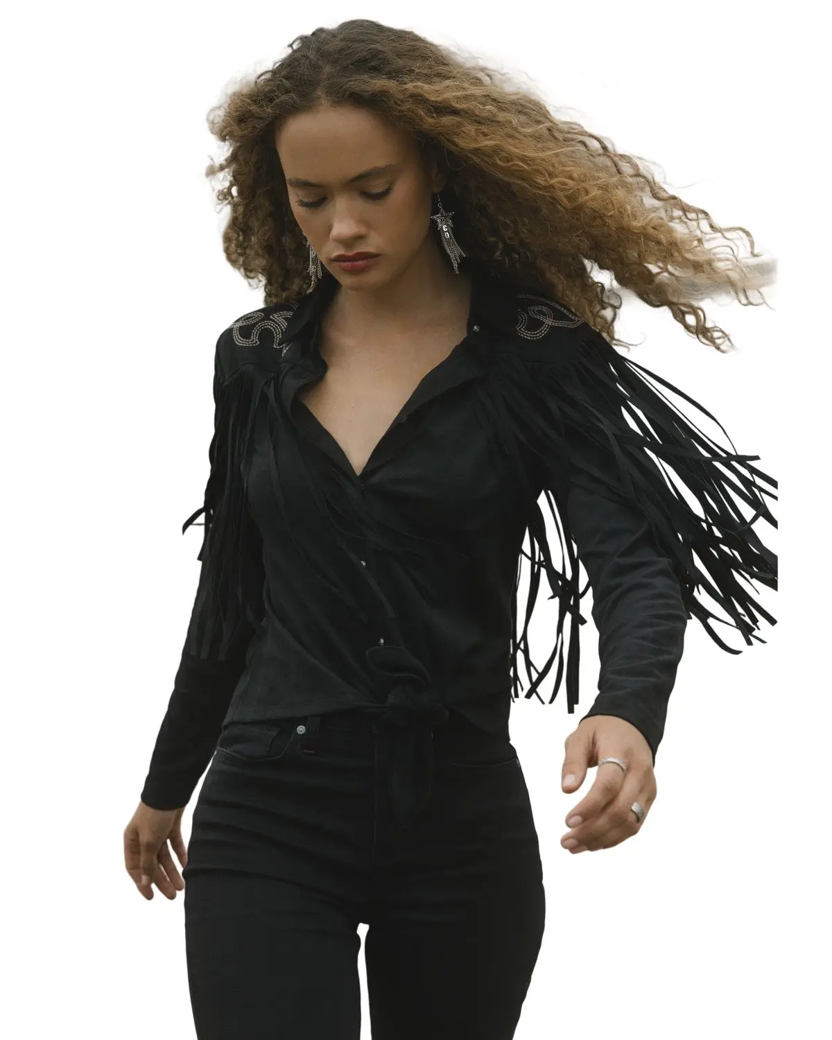 Idyllwind Women's Women'S Mckinney Faux Suede Long Sleeve Fringe Top - Iwsp25k93-Blk