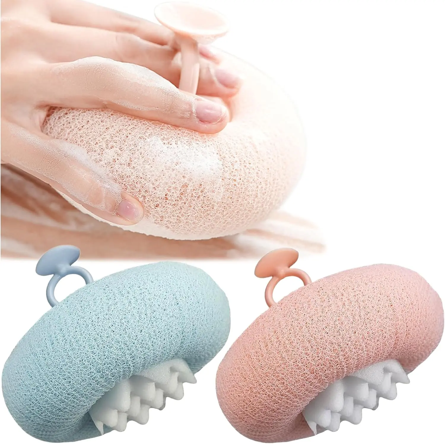 Exfoliating Shower Sponge 2 Piece Set, Relaxing Synthetic Sunflower Mesh Pouf with Suction Cup, Bath Accessories for Adults, Blue & Pink, 2 Piece Sets, Sunflower Shape, Whole Body, Wet-Scrub-Rinse, Personal, Hanging, Soap, Bath Ball, 11 X 11 X 5 Cm, Bath