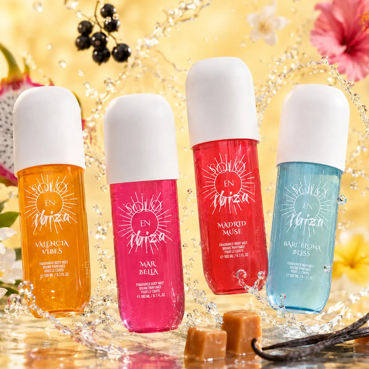 SOLO EN IBIZA Hair & Body Fragrance Mist Gift Set, 4-Pack Full-Size (6.1 fl oz), Long-Lasting Vegan Fragrance Blend with Vanilla & Amber Bouquet Scents, Gift Sets for Women, Amber Bouquet Scent, Floral Amber Scents