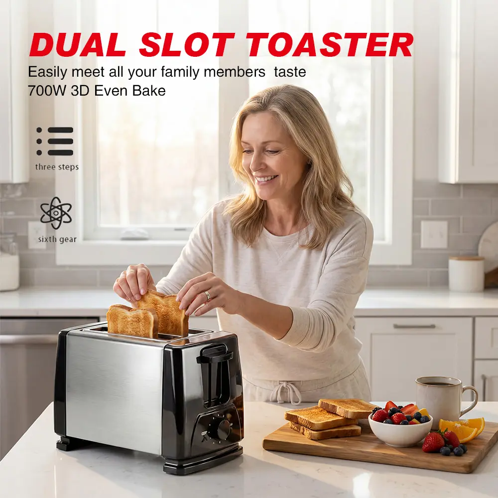 Stainless Steel Corded Countertop Toaster - Automatic Stainless Steel Body, 2/4-Slot, 6-Position Baking Settings, Removable Crumb Tray, 700W 3D Baking, Dual Slot for Bagel+Toast at Once, Modern Compact Home Kitchen Essential, Even Bake