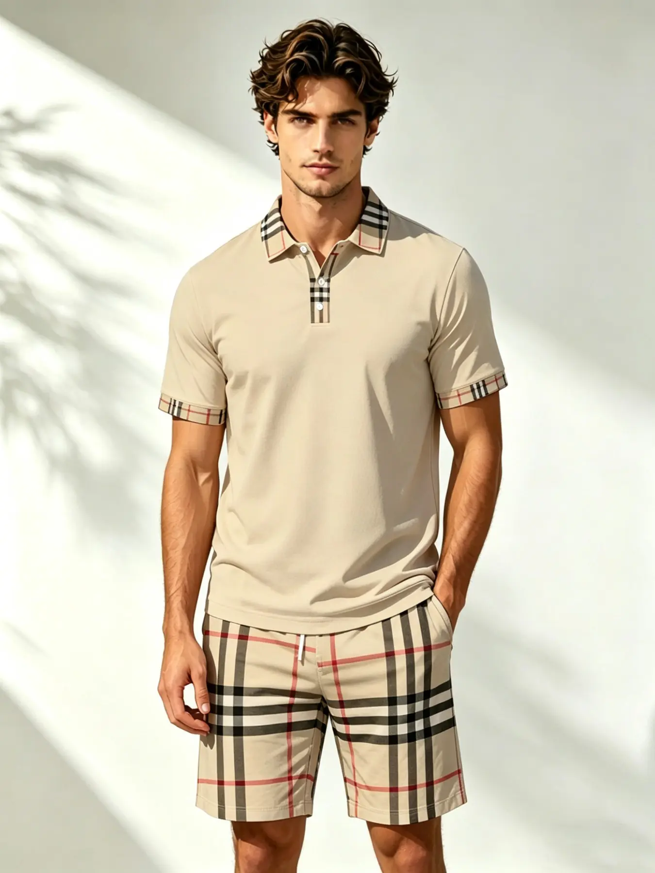 Men's Luxury Plaid Colorblock Polo Shirt Set, Summer Casual Loose Short Sleeve Shorts Two-Piece Set, Quick-Dry Breathable Clothes