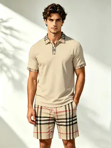 Men's Classic Plaid Polo Shirt Shorts Set, Breathable Quick-Dry Polyester Mesh, Casual Business Beach Wear Two-Piece Suit Outfit