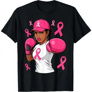 100% Cotton Unisex Women Black African American Fight Breast Cancer Pink Ribbon T-Shirt