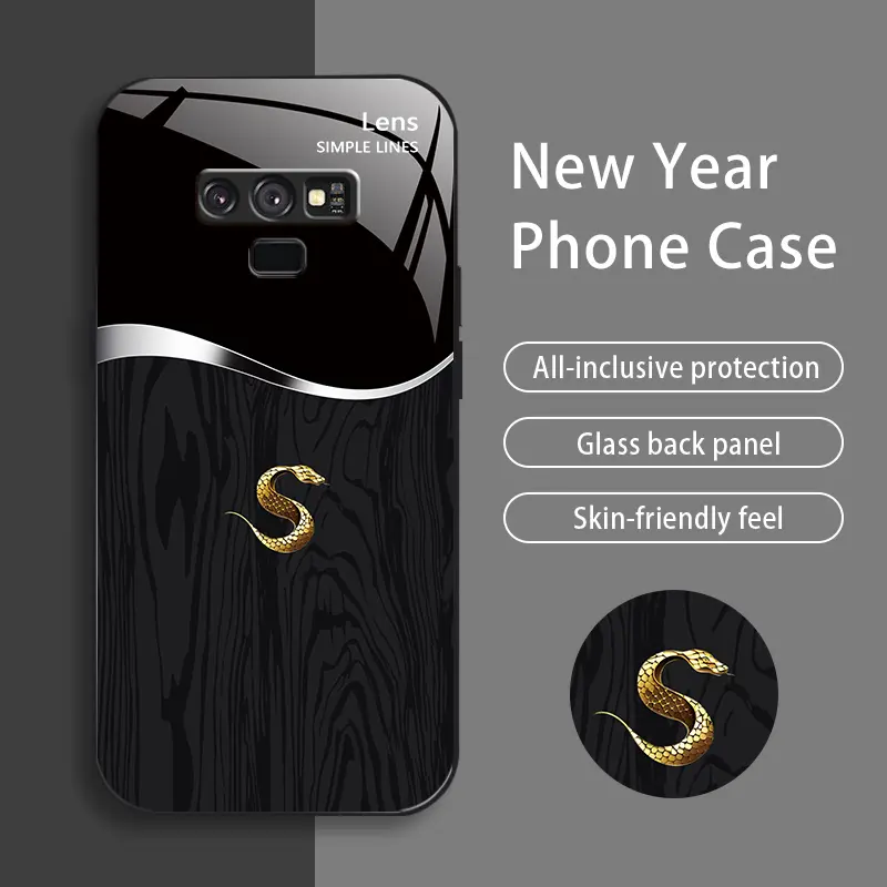 Galaxy Note9 Smartphone Case - High-End Creative Auspicious Wood Grain Snake Design, Business-Simple Tempered Glass, Affordable Handheld Cellphone Protection for Anti-Fall, Anti-Fingerprint Devices-888