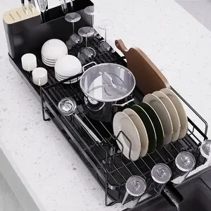 Large Dish Drying Rack with Drainboard Set,Dish Rack Extendable Dish Rack, Utensil Holder, Cup Holder, Expandable Dish Drainer for Kitchen Counter Organiser