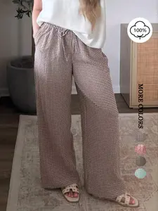 Women's Casual Gingham Wide Leg Pants, Loose-Fitting Elastic Waist, Mid Waist Long Pants with Button Design, Comfortable Cotton Trousers